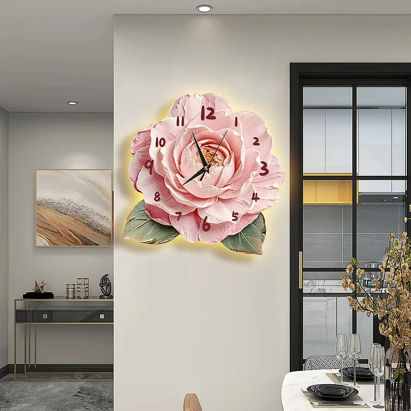 Cream style healing restaurant decoration wall clock creative LED luminous flower art clock silent clock wall