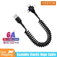 6A 3in1 0.65M Spring Cable For Huawei Xiaomi Sansung Micro 8 Pin Type-C Fast Charger For iPhone Retractable USB Data Cable Cord