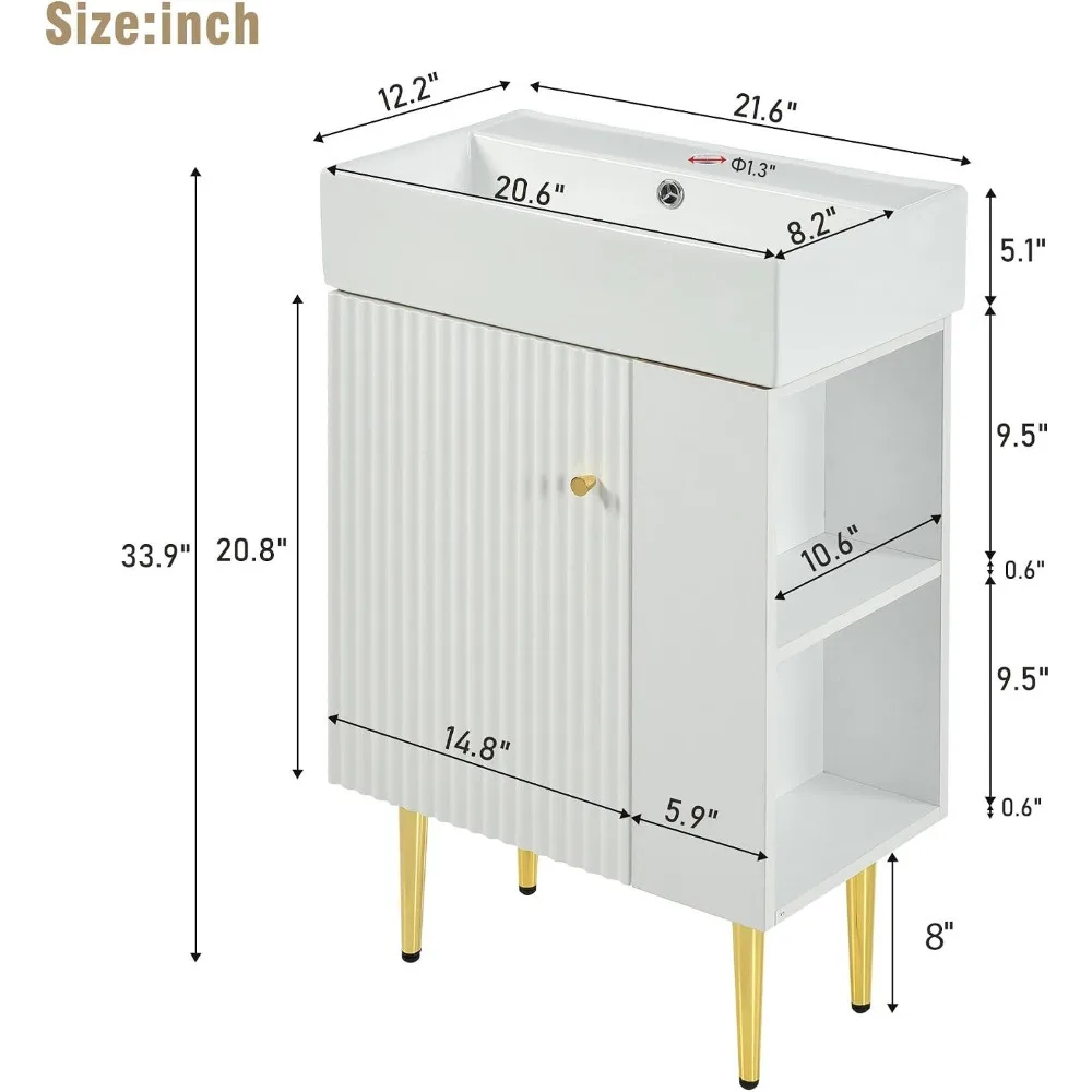 21.6 in Bathroom Vanity with Sink, Floor Standing Cabinet, Side Storage, 1 Door, White Ceramic Top
