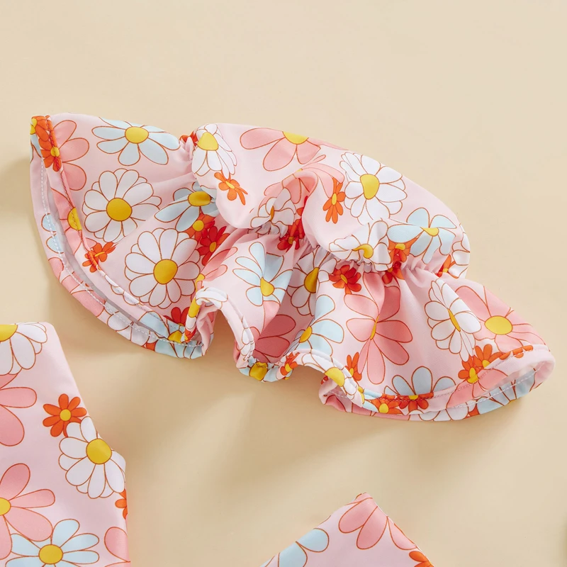 2022-12-13 Lioraitiin 0-4Years Toddler Girls Summer 3PCS Swimwear Sets Sleeveless Bow Tank Tops Floral PP Shorts Hat image 3