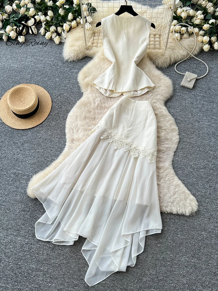 SINGREINY Irregular Office Lady Suits Female Summer Sleeveless Fashion Top+Patchwork Skirt French Edgy Simple Senior 2Pcs Sets - Image 4