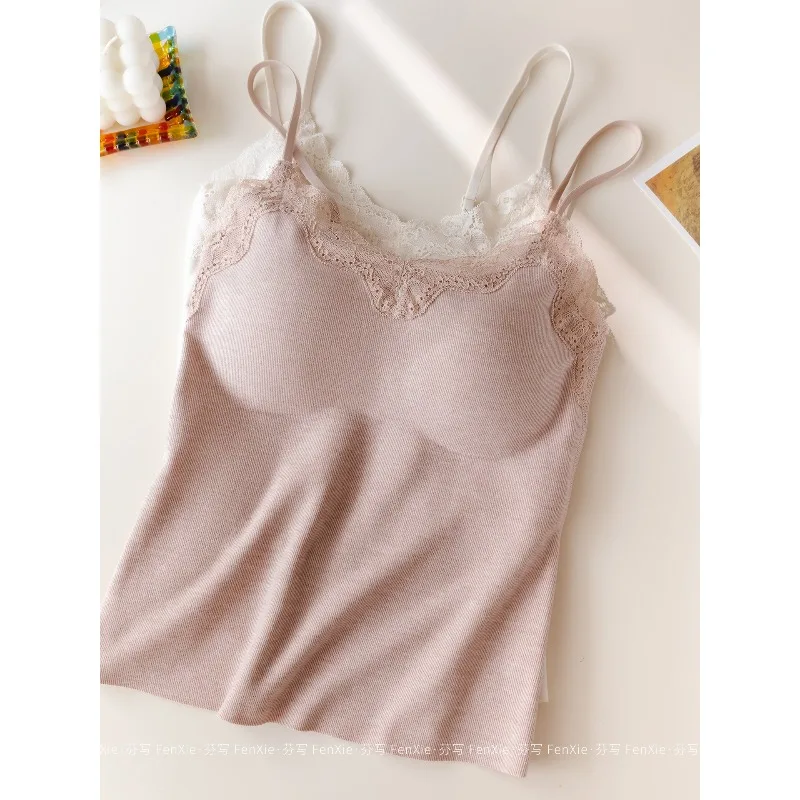 قميص علوي أنيق مزين بالدانتيل، قميص داخلي حراري للنساء مع حمالة صدر مدمجة، بطانة من الصوف الناعم، طبقة أساسية M-L مثيرة