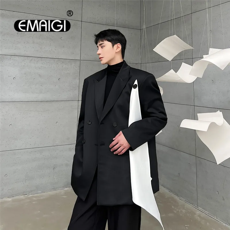 Detachable White Ribbon Suit Coat Men Space Cotton Loose Casual Streetwear Fashion Show Blazers Suit Jacket Male Stage Clothing