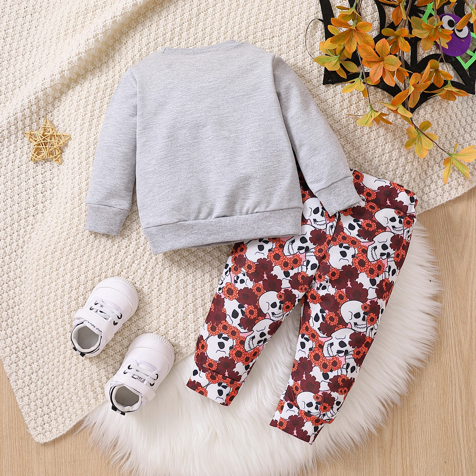 2pcs 2 Piece Set Newborn Baby Outfits Halloween O-Neck Long Sleeved Skull Letter ’Howday‘ Print Top+Flower Skull Print Pants