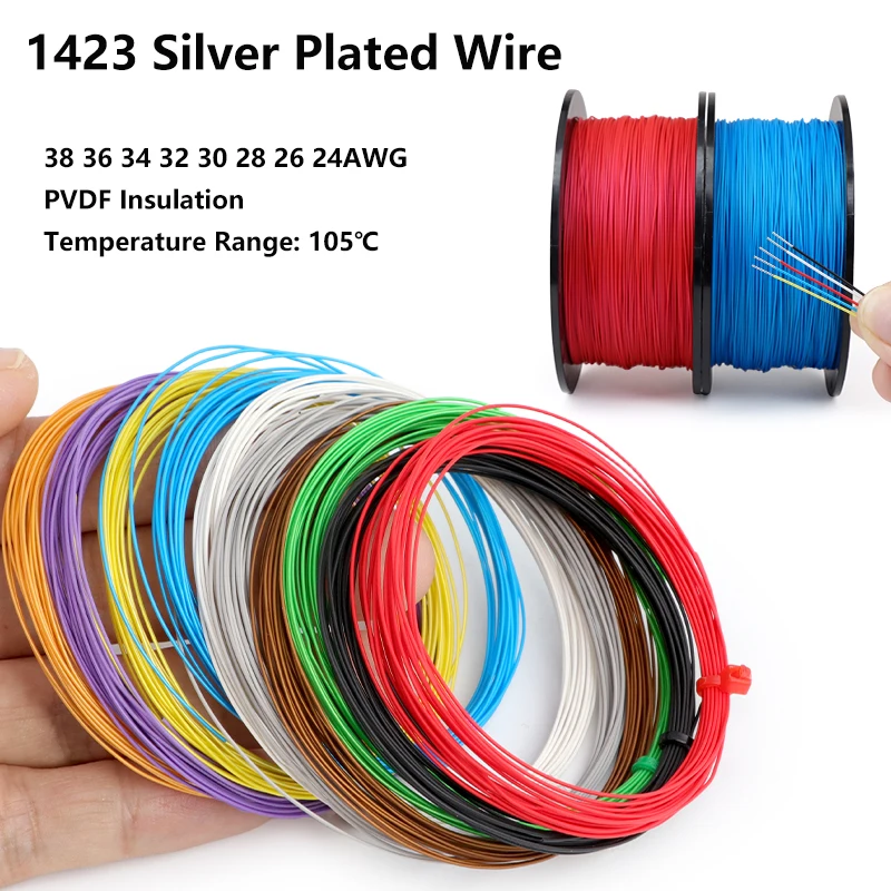 10/50M 1423 Silver Plated Copper Wire 38~24AWG PVDF Insulation Single Core Micro Fine Cable High Temperature Electronic DIY Wire