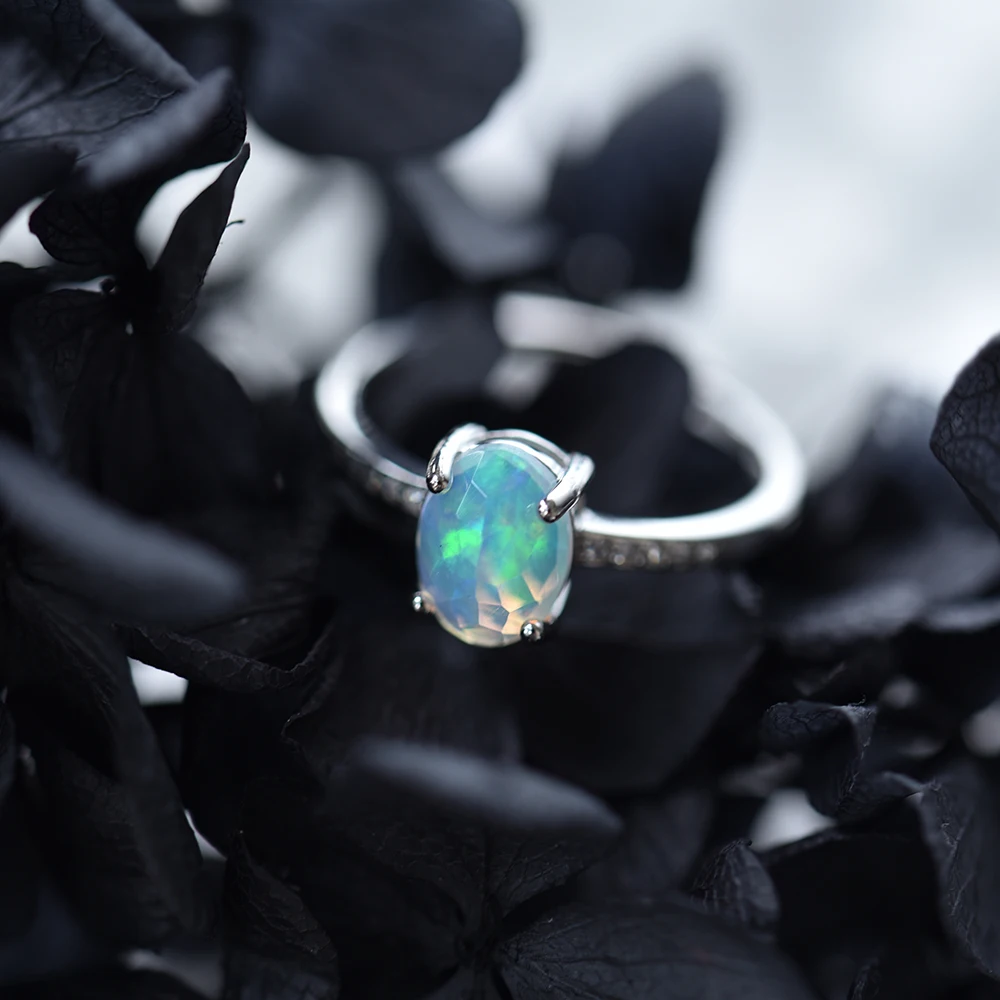 ITSMOS Natural Faceted Opal Ring S925 Sterling Silver Pave CZ Oval Opal Delicate Jewelry Rings Elegant Bands for Women Gift