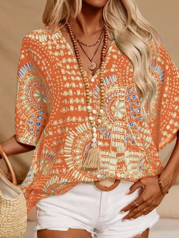 Faionable verano estampado Vintage v-ne Oversize Casual vacaciones Sle cinco cuartos Batwing Sve irt Top ropa de mujer
