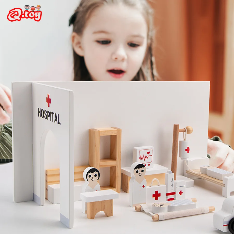 Children Hospital Pretend Play Wooden Doctor Role Play Game Ambulance Simulation 3D Toys Learning Education Imitation Game