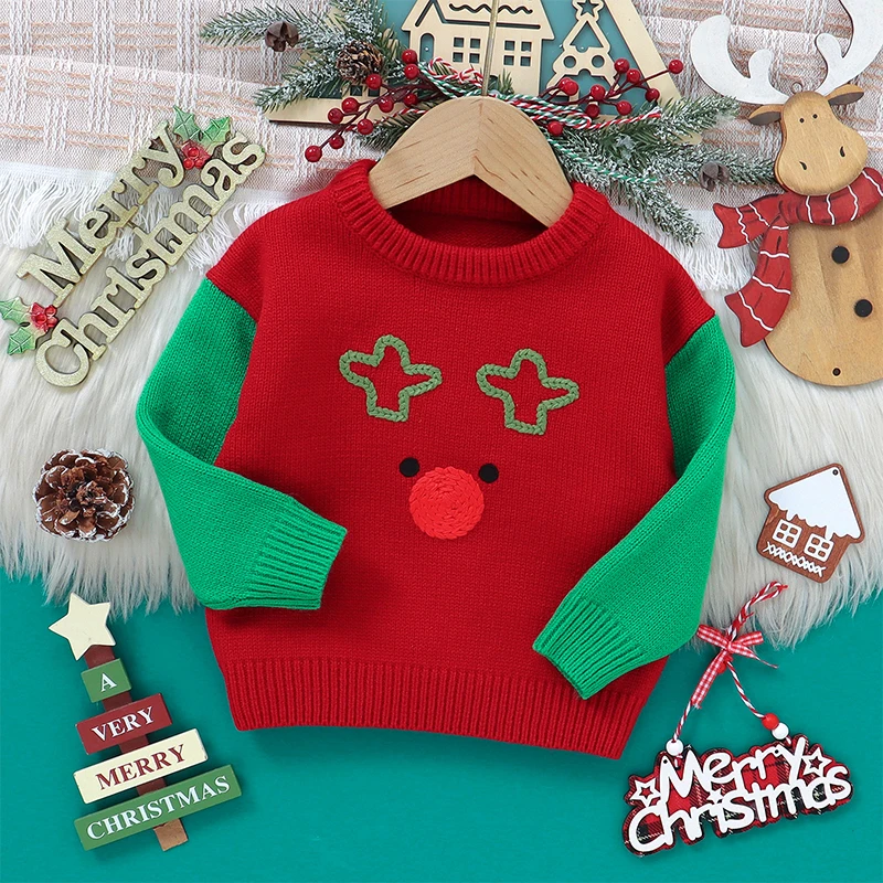 

Blotona Infant Baby Christmas Sweater, Long Sleeve Crew Neck Contrast Color Cartoon Embroidery Knitted Pullover Winter Warm Tops