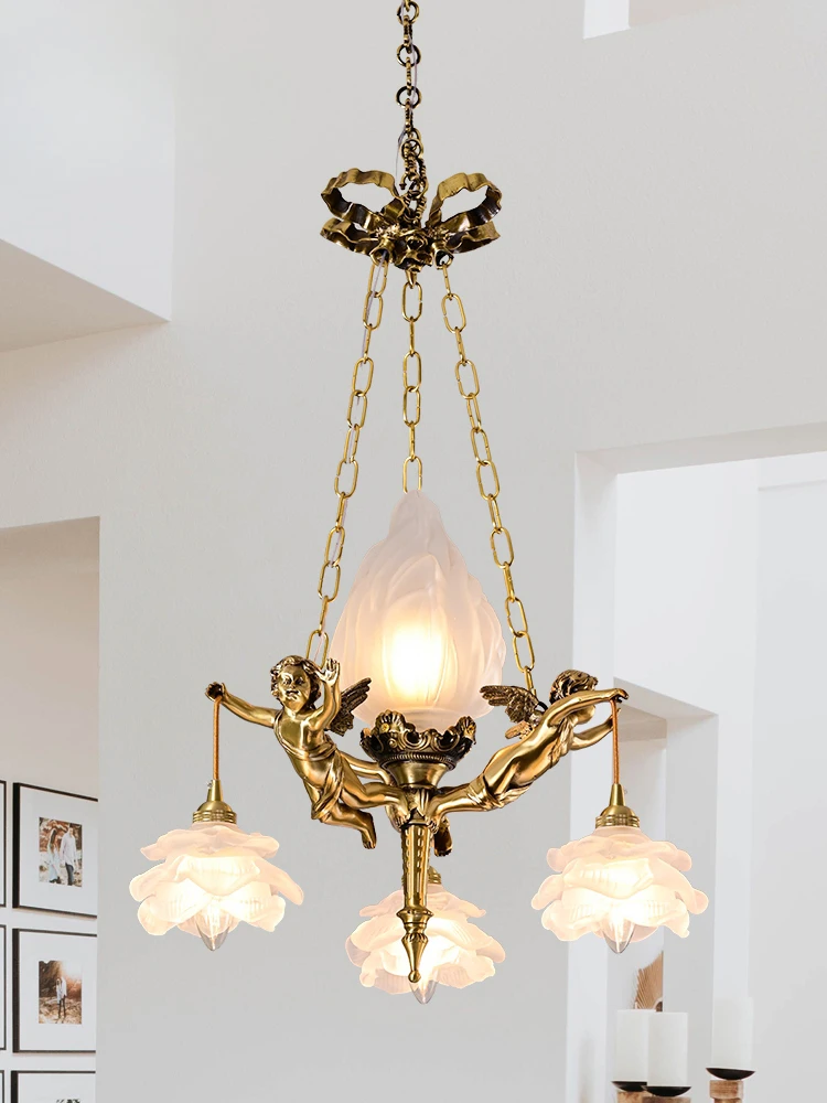 All copper chandelier, French light luxury bedroom, living room, dining room light, designer creative angel chandelier