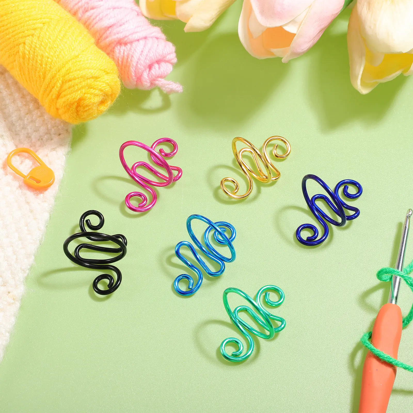 6Pcs Crochet Rings Adjustable Metal Stitch Rings Yarn Guide for Knitting Crocheting Tension Accessories Crochet Ring