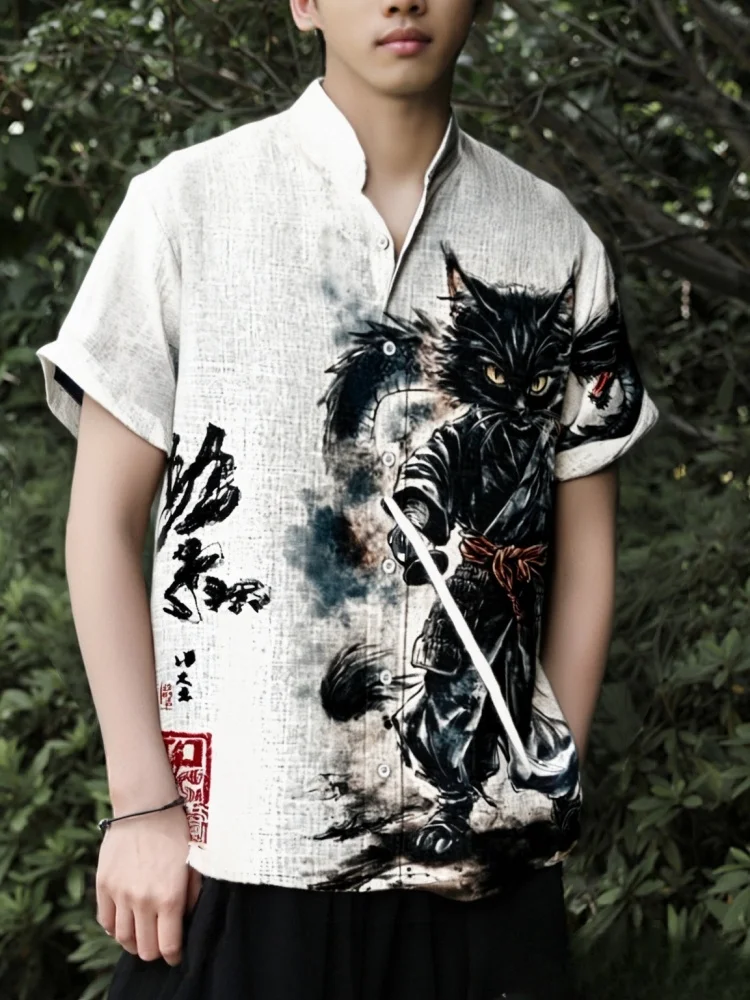 

Vintage White Shirts Men's Black Cat Samurai Dragon Traditional Ink Art Print Short Sleeve Shirt Japanese Budo Style Tops Tunics
