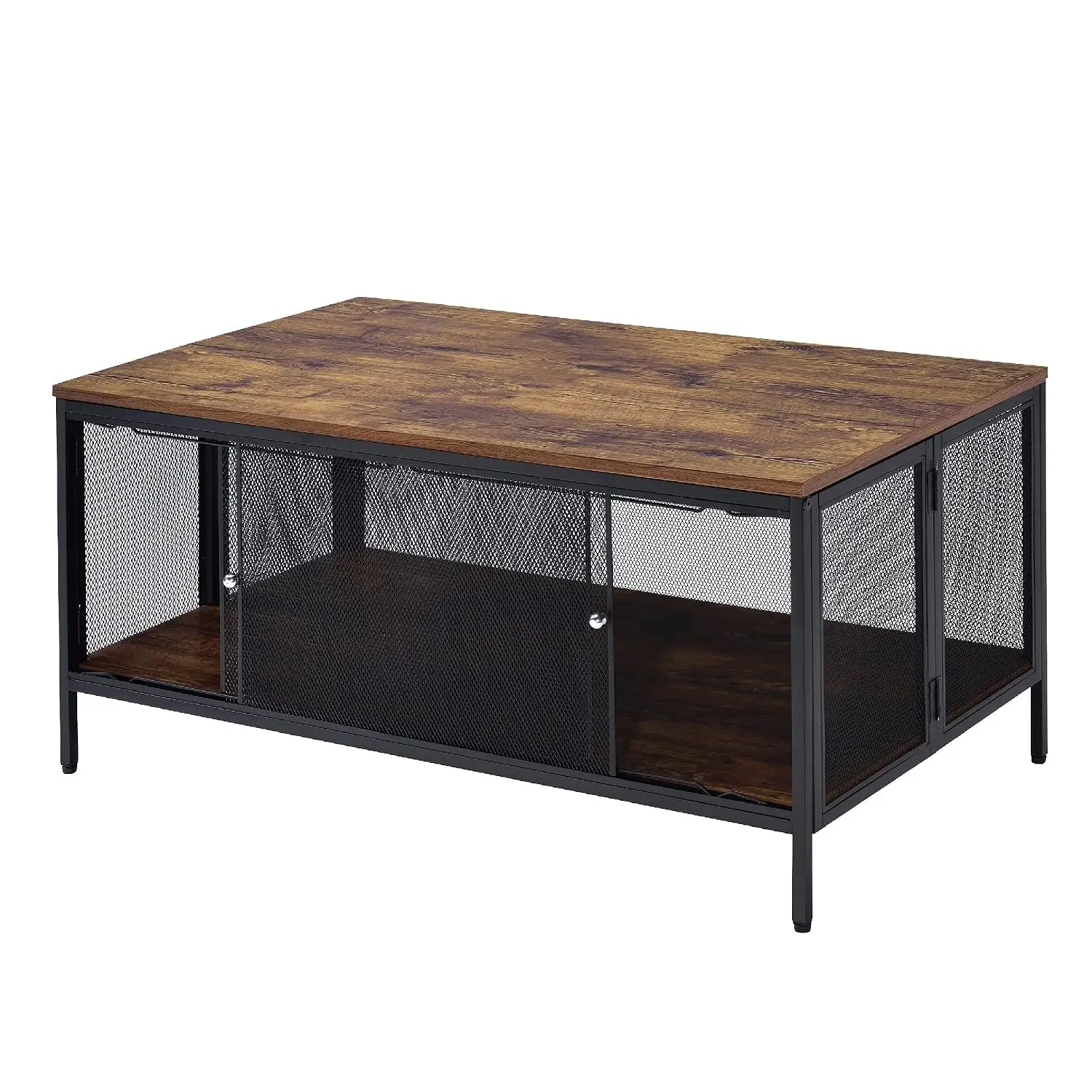 Metal Coffee Table With 1 Bottom Shelf & Mesh Design, Brown & Gray, Customized