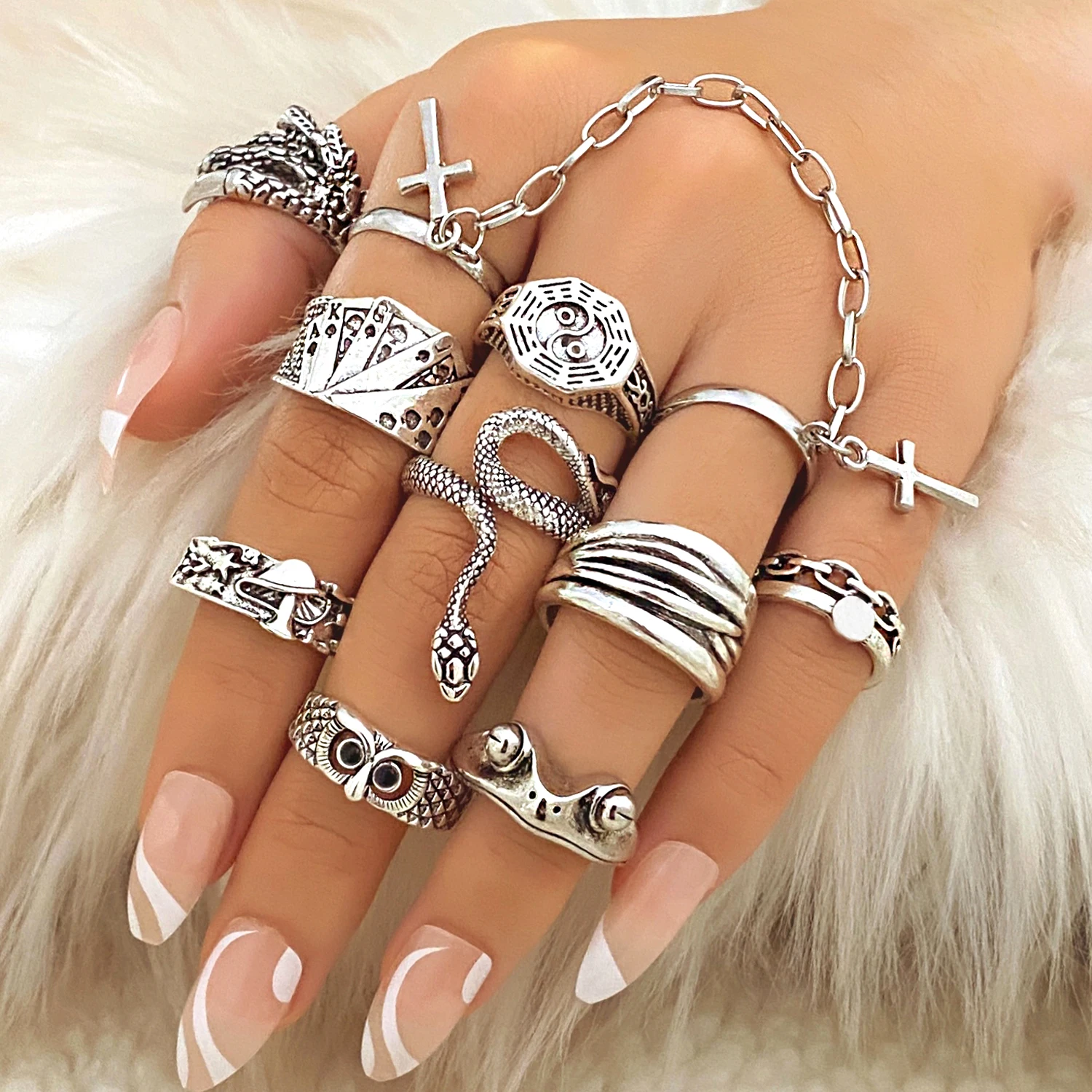 FNIO Vintage Silver Color Rings For Women Fashion Girl Men Jewelry Punk Hip Hop Butterfly Skull Snake Angel Wings Metal Ring