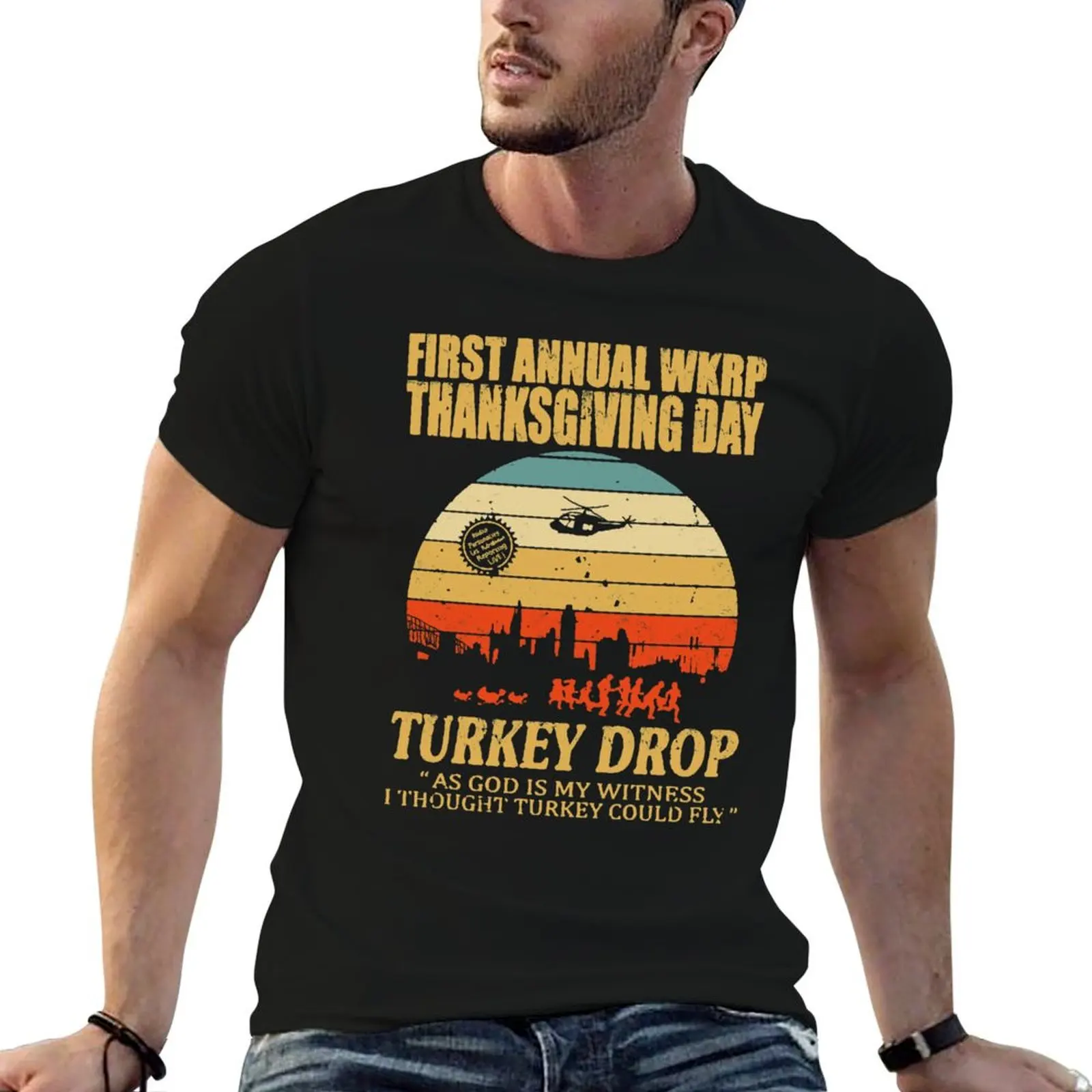 First anuual WKRP Turkey Drop with Les Nessman Distressed T-Shirt Odor Resistant Short Sleeve Top