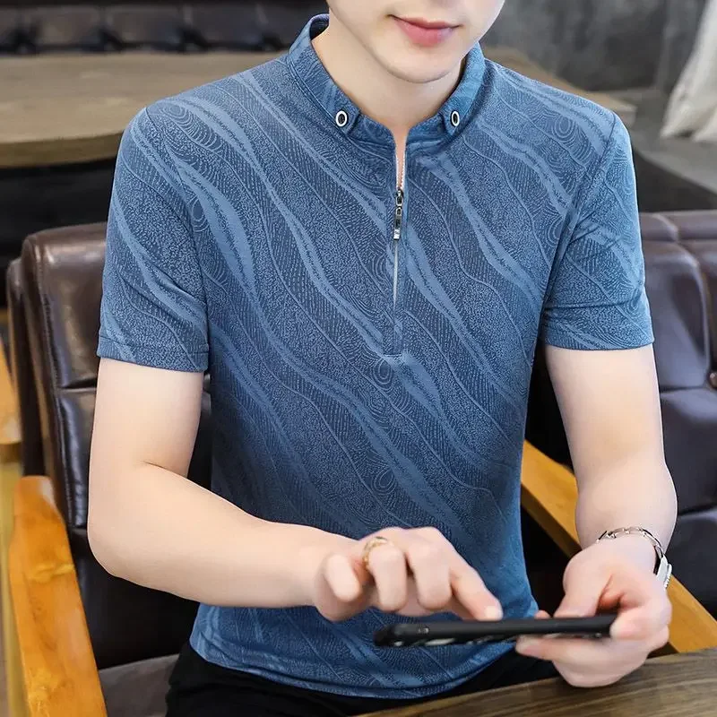 Short Sleeves T-shirt Men Ice Silk T-Shirt High-end Summer Bottom Shirt Loose Design Tees White Blue
