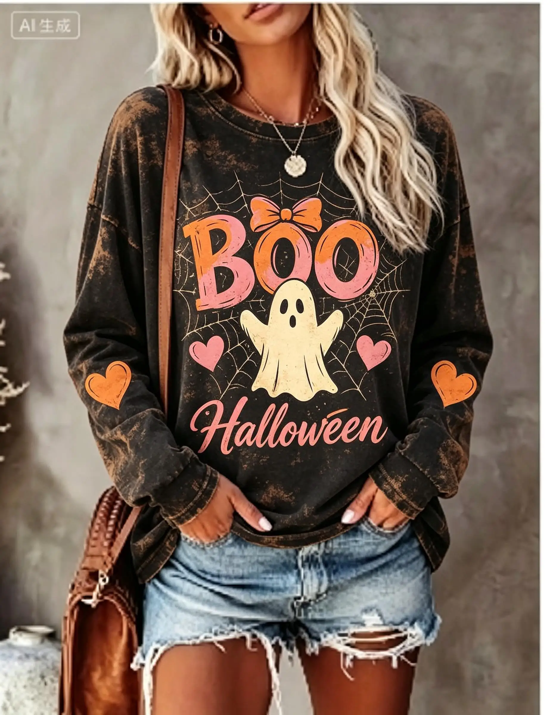 Women Halloween Long Sleeve T‑Shirt Boo Cute Ghost Heart Distressed Print Crew Neck Tops