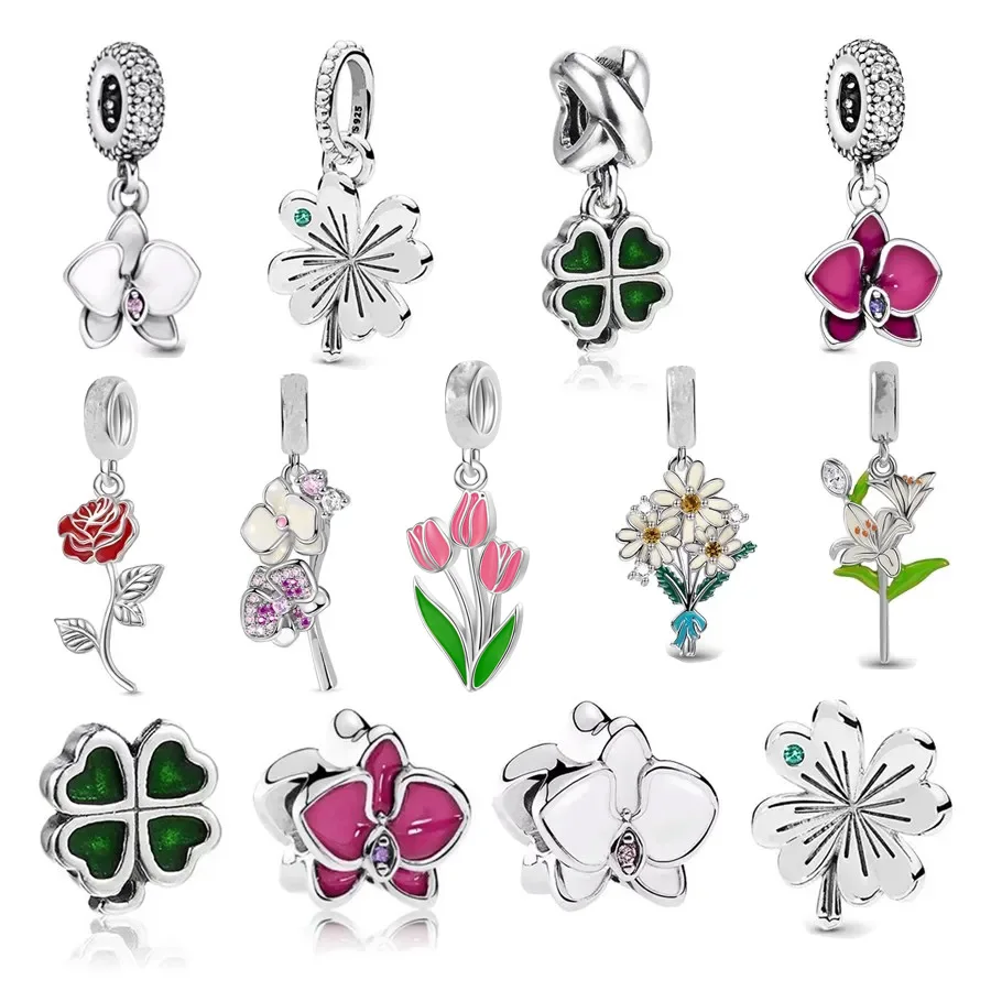 Moth Orchid, Rose, Daisy Flowers Pendant Green Clover Charms Beads Fit Original 925 Sterling Silver Pandora Bracelet DIY Jewelry