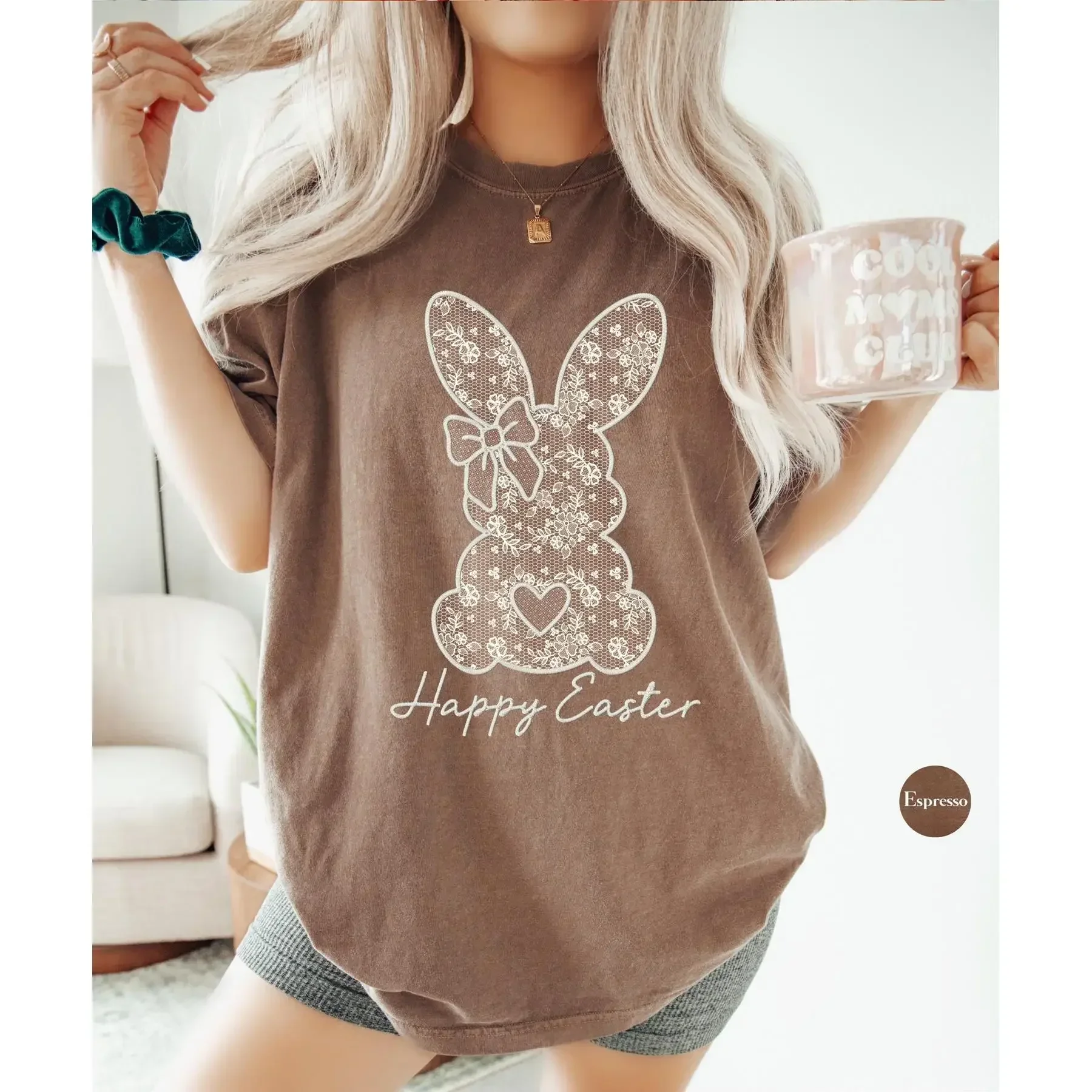 Happy Easter Faux Lace Bunny  T Shirt SweaT Coquette Faith