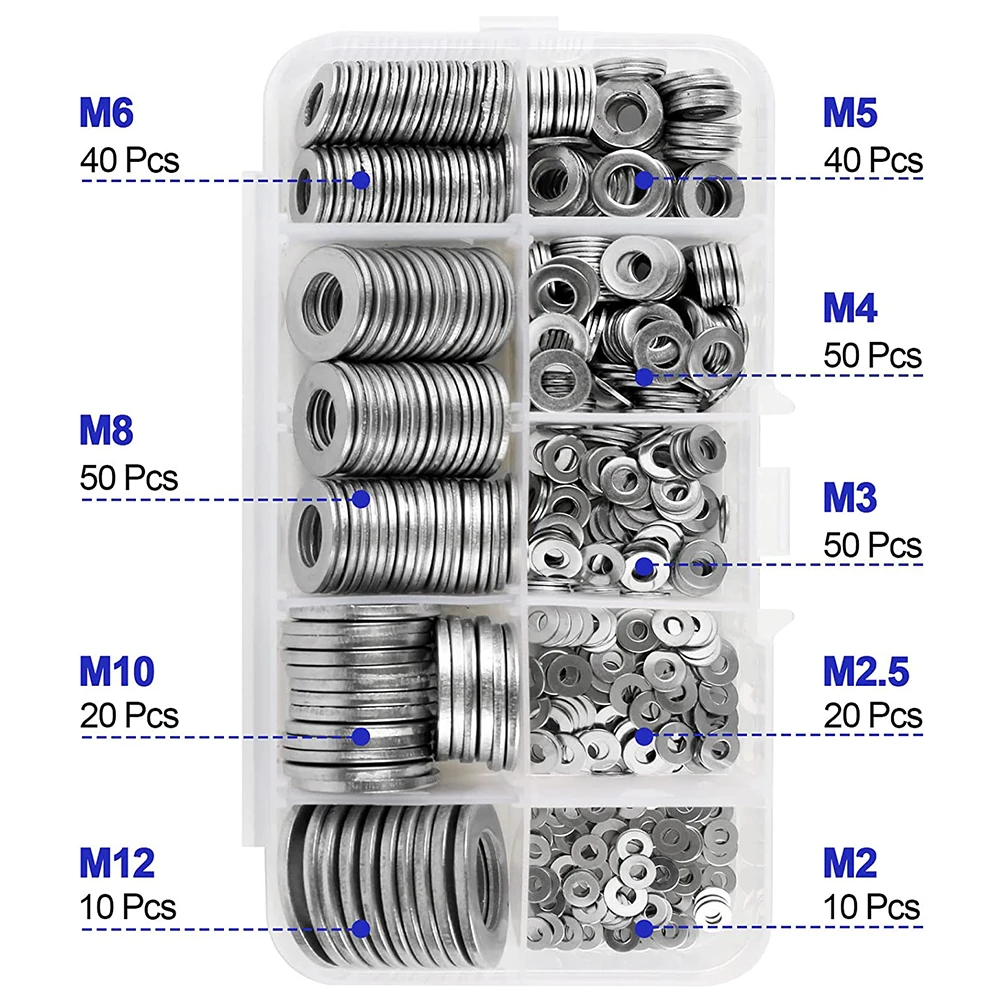 580pcs automobile oil drain plug gasket 304 stainless steel flat washer combination kit M2 M2.5 M3 M4 M5 M6 M8 M10 M12 bolt