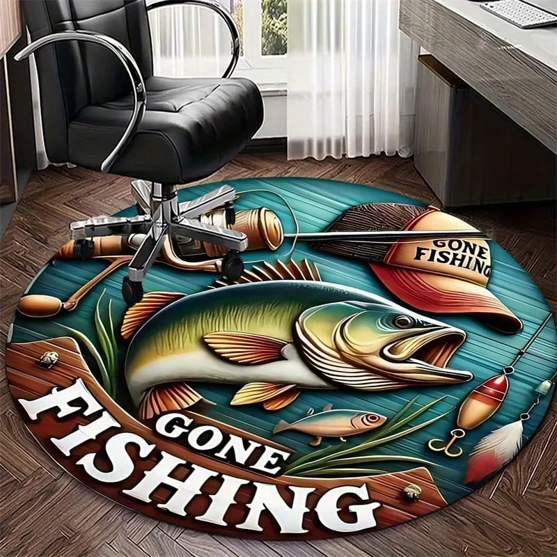 

Retro Gone Fishing Bass Round Carpet, Washable Non-Slip Rug for Dorm Study Room Lounge Living Room Bedroom Home Decor