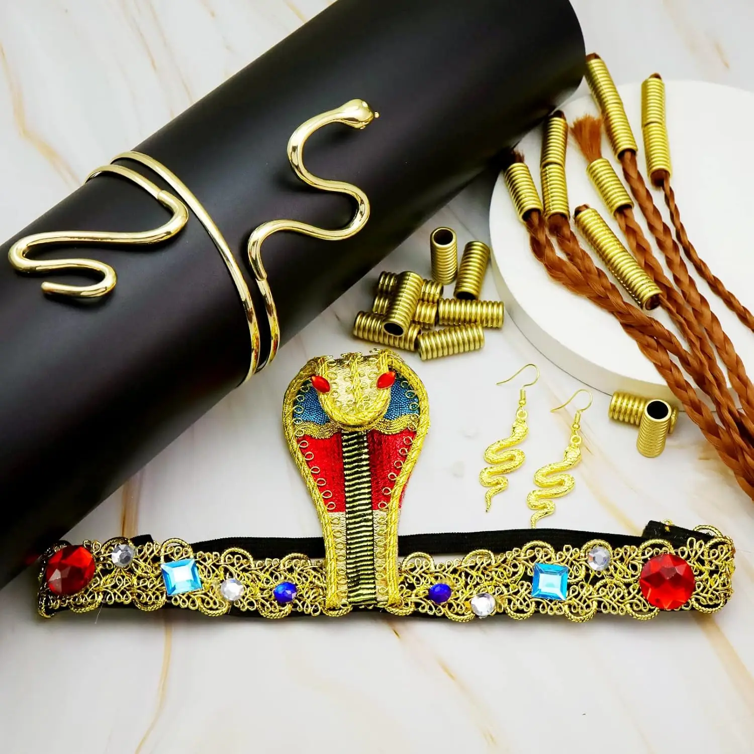 إكسسوارات أزياء كليوباترا المصرية، غطاء رأس على شكل ثعبان ذهبي، أقراط على شكل ذراع، سوار مجوهرات، أزياء الهالوين للنساء