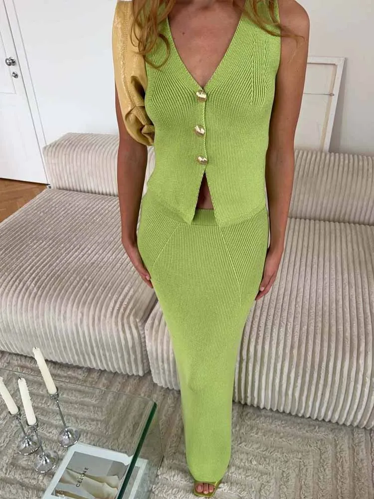 

BKQU Elegant Knit Skirt Sets Women Fashion V-Neck Metal Button Tank Top Elastic Slim Long Skirt 2 Piece Summer Vacation Outfits