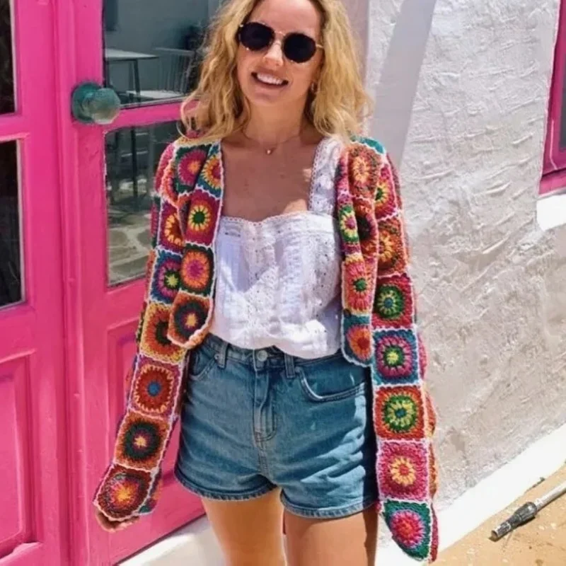 Boho Hippie Handmade Floral Knitted Cropped Sweater Women Tops Pull Vintage Ethnic Crochet Jackets Hollow Out Outwear Jumper