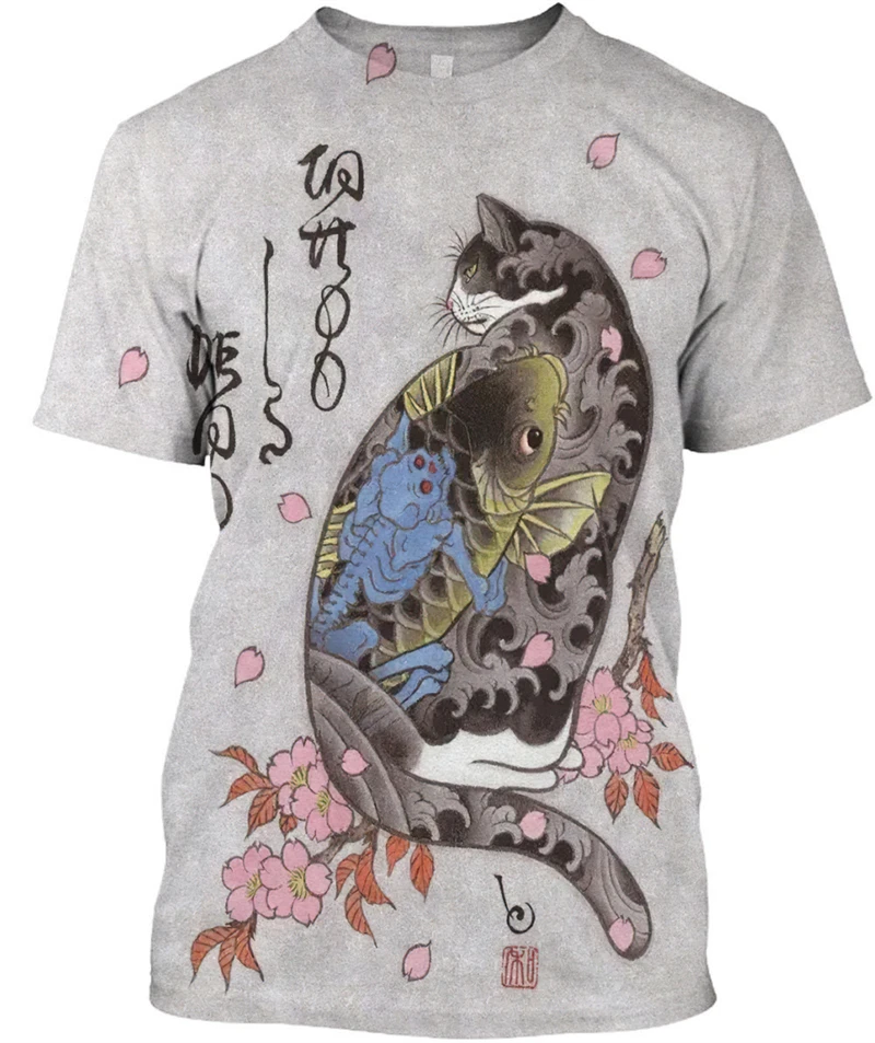 

Japan Samurai Cat Printed Men T Shirts Street Trend Women Casual Tees Summer Fashion O-neck Short Sleeve Tops Oversized Clothing