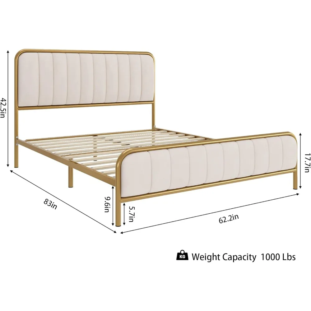 Queen Size Bed Frame with Button Tufted Headboard, Upholstered Heavy Duty Metal Mattress Foundation with Wooden Slats