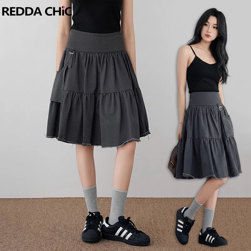

Женская джинсовая юбка REDDACHiC с карманами и отстегивающимися элементами, летняя, А-силуэт, с эффектом потертости, с рюшами, с низкой посадкой, длинная, в стиле гранж, для повседневной носки