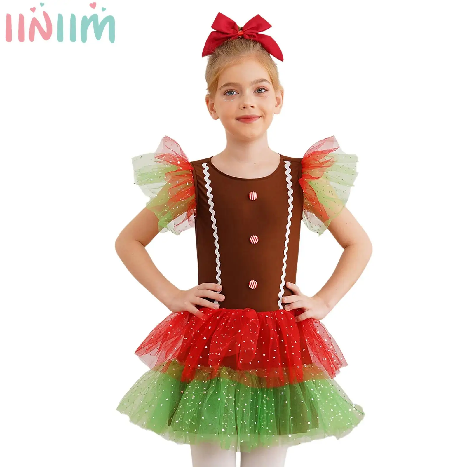 Kids Girls Christmas Gingerbread Man Costume Rhinestone Decoration Colorful Flutter Sleeve Tiered Rainbow Mesh Patchwork Dress