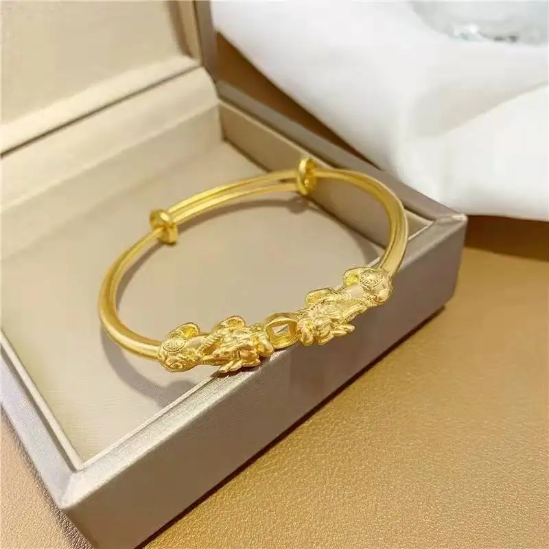 Fylia Jewelry   9999 24K real gold Pixiu Push and Pull Bracelet Double Pixiu Coins Women's Fashion Bracelet Bracelet