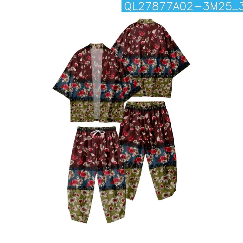 

Cartoon Striped Floral Printed Kimono Cropped Pants Set Women Men Japanese Haori Asian Streetwear Cardigan Yukata Cosplay