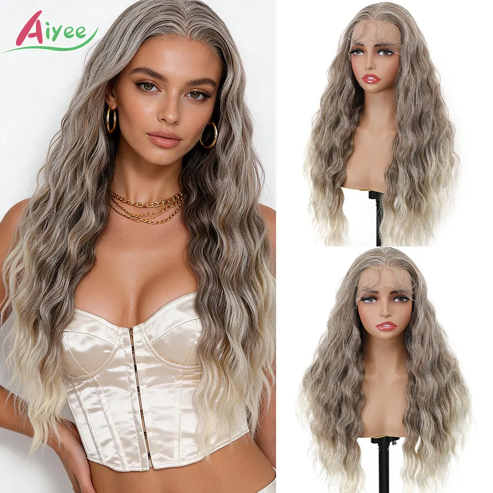 13x4 28 Inch Wavy Lace Front Wig Honey Silver Copper Rooted Ombre AIYEE High Temp Fiber Synthetic Hair Cosplay Women Wigs New