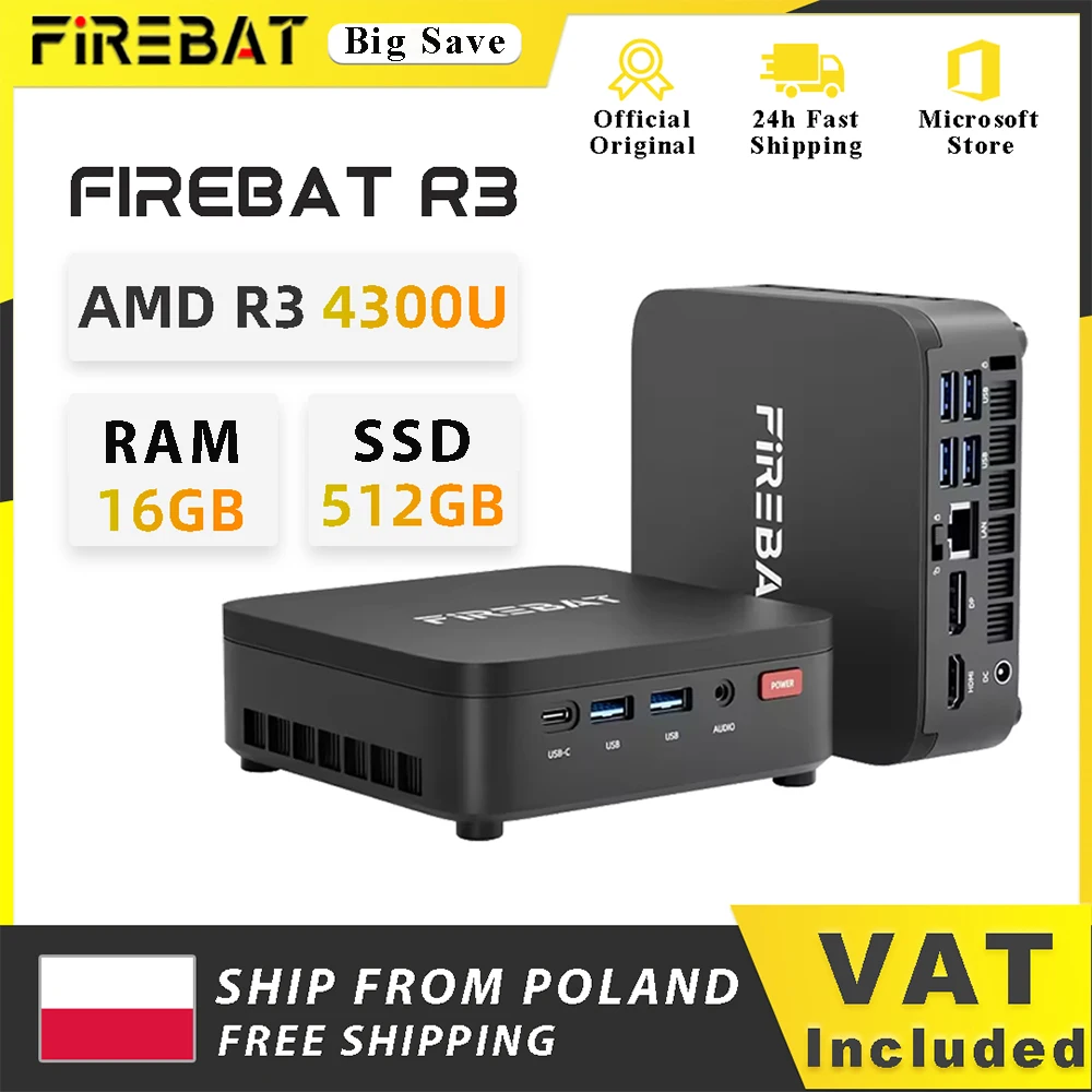 Firebat R3 Mini Pc Amd Ryzen 3 4300U 16Gb Lpddr4 Ram 512Gb M.2 Sata Ssd Windows 11 Pro Wifi6 Bt5.2 Draagbare Mini Desktop Computer voor Kantoorwerk, Design, Home Entertainment