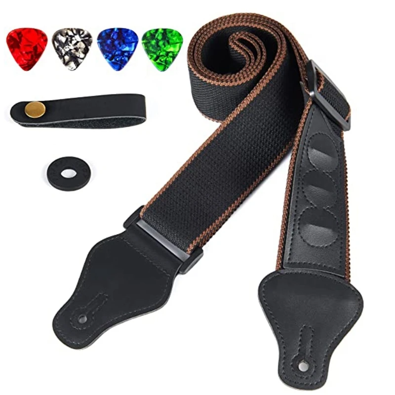 Adjustable Guitar Strap Cotton Woven Shoulder Strap Leathers End Guitar Straps for Bass, Electric & Acoustic Guitar