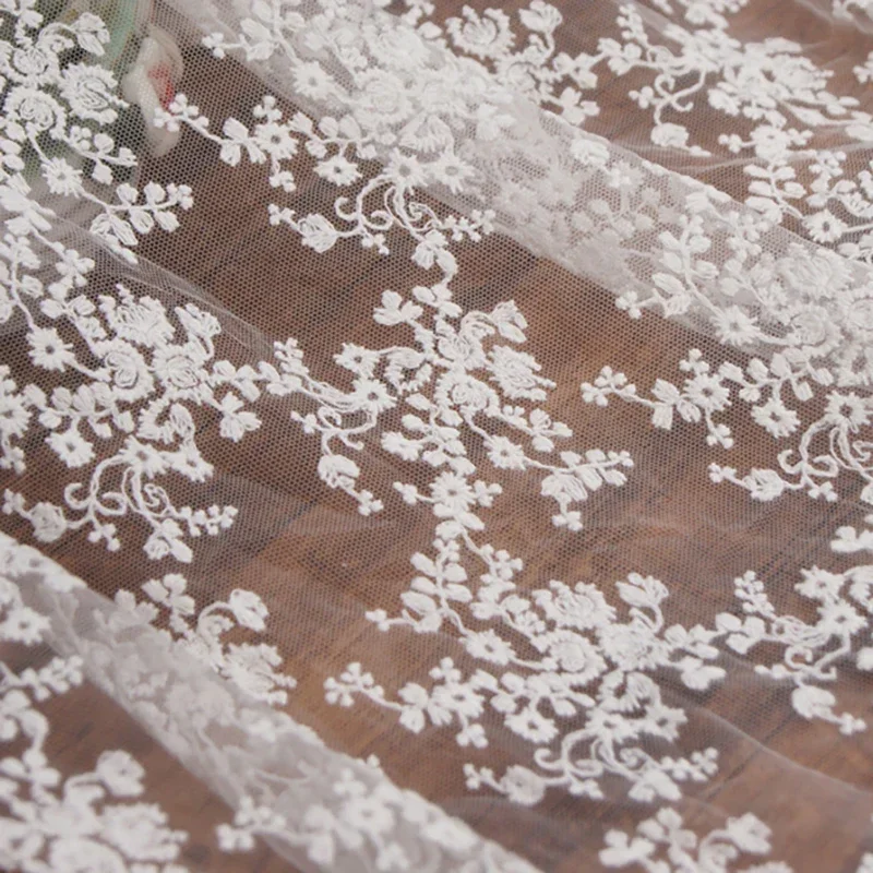 Soft Beige Mesh Fabric Embroidery Lace Fabric for Dress Cheongsam, Baby Clothes, DIY Background Fabric By The Yard