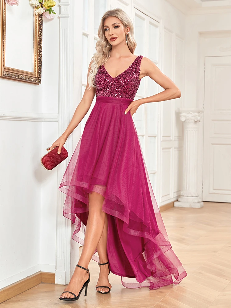 

Elegant Women Fushia Sleeveless Sequins Floor Length Formal Evening Dresses Luxury V-back Wedding Party Cocktail Gowns