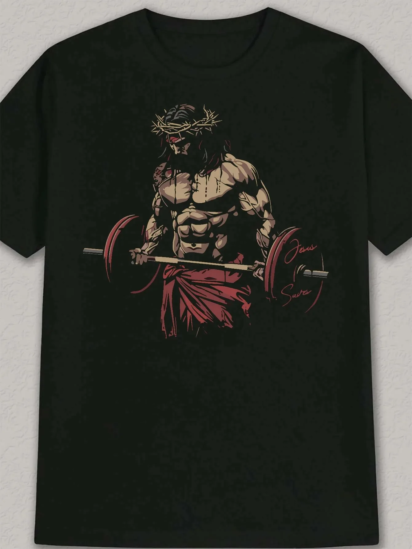2026 Jesus Also Works Out Gym Weightlifting Character Print Tee Unisex Cotton Crew Neck Workout Casual Tshirt Size S-XXXXL