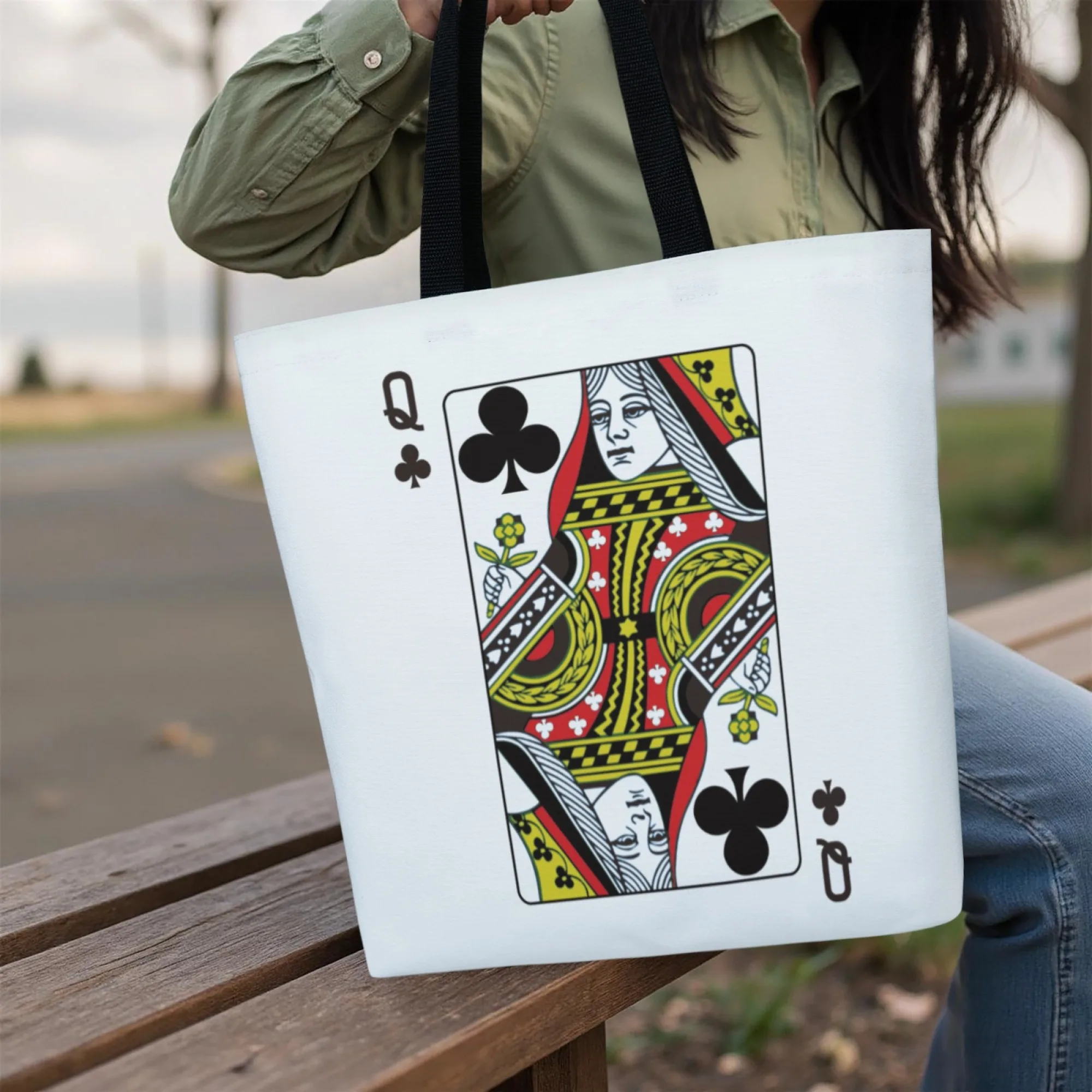 

Queen of Clubs Poker Card Themed Canvas Tote Bag Classic Playing Card Pattern Hand Bag Ideal Gift for Card Game Enthusiasts