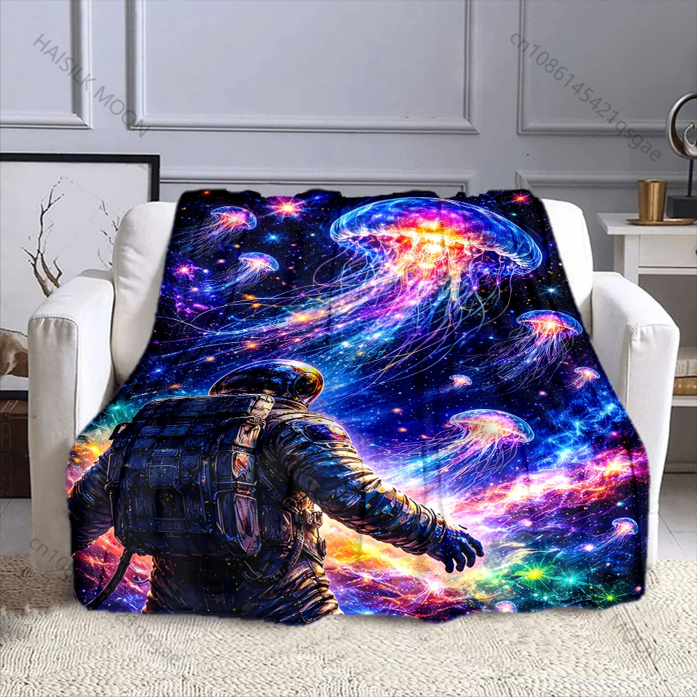 1PC Astronaut with cosmic jellyfish Print Blanket Flannel Material Soft Warm for All Seasons Home Outdoor Camping Picnics RV