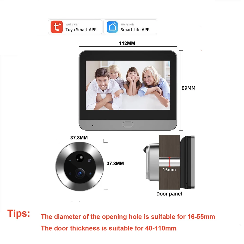 Tuya vem com uma campainha digital inteligente de 4,3 polegadas e olho mágico com câmera de alta definição, detecção de movimento PIR, bidirecional