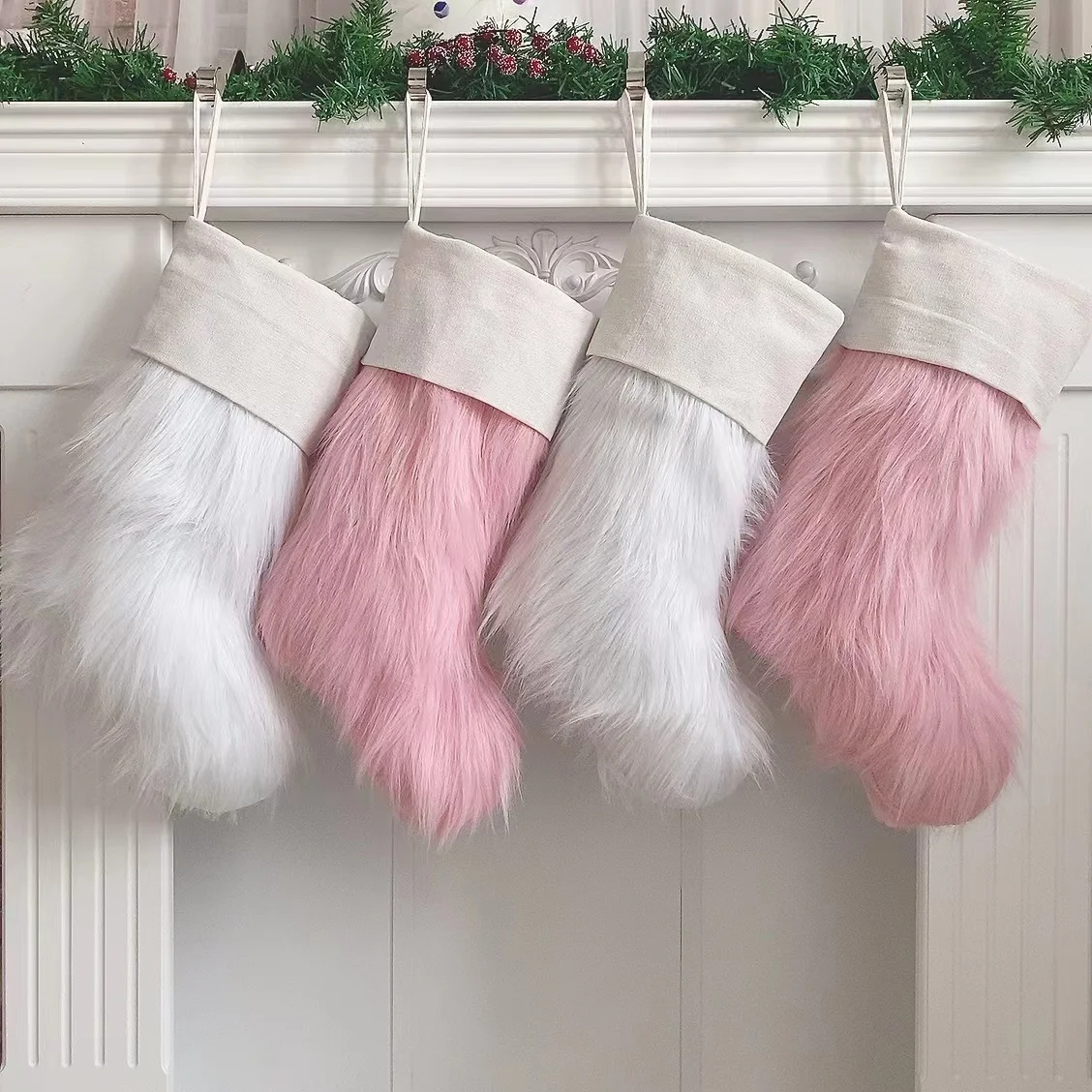 Christmas Stocking Pink White  Fur  Christmas Tree Ornaments Decor Christmas Gift Bags New Year