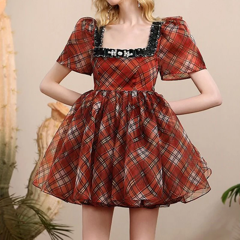 Retro  bubble sleeves, organza runaway princess dress, summer new style square neck fluffy short skirt, women's clothing