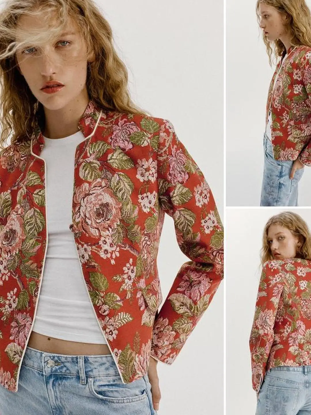 Floral Print Suit Jacket Women's Long Sleeve Stand Collar Padded Shoulder Button Closure Loose Fit Office Wear Autumn 2026