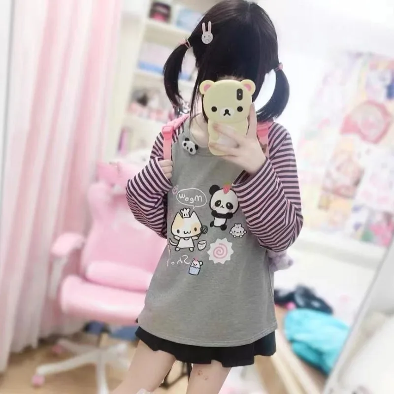 Neploe Japanese Cute Loose All-match Sweatshirts Spring Autumn New O-neck Tops Women Y2k Long Sleeve Striped Pullovers