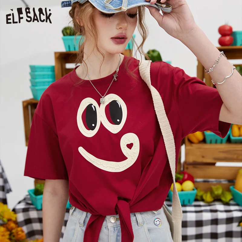 ELFSACK 2024 summer new arrival picnic travel vacation holiday soft comfortable fitted Fun smiley face red short sleeved T-shirt