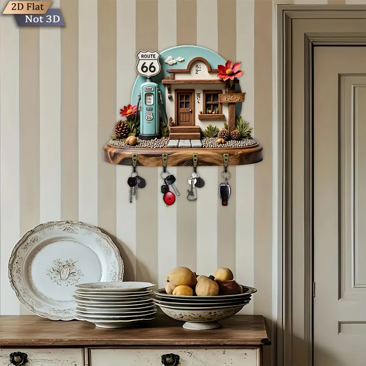 2D Flat, 1pc, Route 66 Themed Key Hook, Wooden Multi-Functional Home Key Hanger with Four Metal Hooks, Wall Decoration, Porch