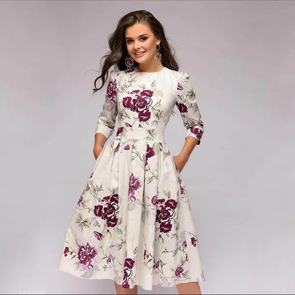 New European Style Women's Clothing Seven-eighth Sleeve Printed A- line Ruffles Dress In Stock Various Colors Size Options